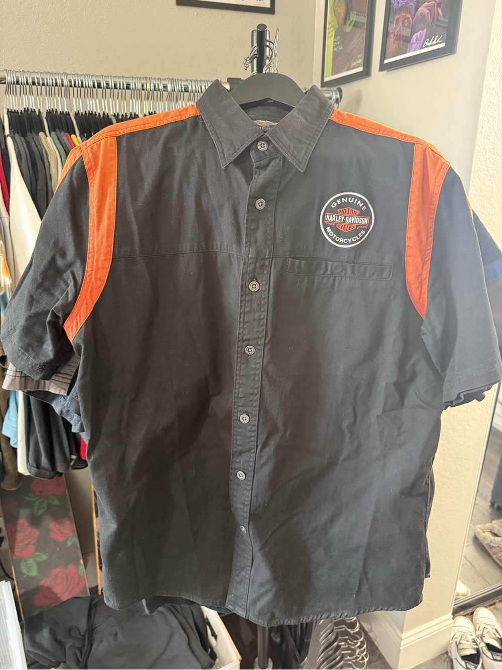 Harley Davidson black/orange Mechanic Men’s L button up shirt